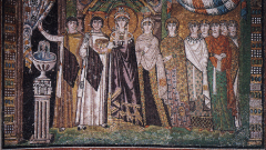 #51


Theodora Panel


In San Vitale 


_____________________


Content: This mosaic is one of Justinian's wife, Theodora. She is shown in fine, dark robes like her husband and with heavy ornamentation and jewelry around her face. There are other...
