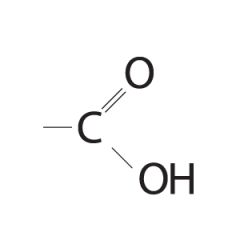 - Carboxyl acids (organic acids)
- acts as an acid, donating H+
- found in ionized form in cells as
carboxylate ion (-1)