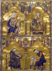 The dedication page with Blanche of Castile and King Louix IX of France and scenes from the apocalypse