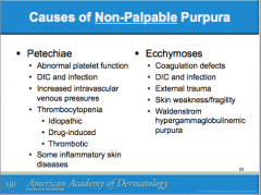 Petechiae = platelets
 
Ecchymoses = Coagulation defects