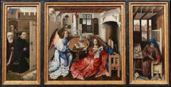 #66
Annunciation Triptych
(Merode Altarpiece)
- Workshop of Robert Campin
- 1427- 1432 CE
 
Content:
- altarpiece
- triptych (three paneled piece)
- painting
- egg-tempra paint on wood paneling