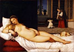 #80
Venus of Urbino
- Titian
- c. 1538 CE
 
Content:
- Venice
- no religious affiliation
- referring to woman as a goddess
- female reclining nude figure
- oil on canvas
- chiaroscuro
- linear perspective