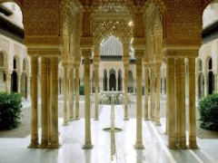 #65
Court of the Lions
-Granada, Spain/ Nasrid Dynasty
- 1354-1391 CE
 
Content:
- empluvium (water in center of the courtyard)
- pointed Islamic arch
- greek columns
- roman arches
- colonade
- cloisters
- geometric and textual decorations