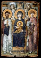 #54


Virgin (Theotokos) and Child between Saints Theodore and George


Early Byzantine Europe


6th or early 7th century C.E.


_____________________


Content: This shows the virgin Mary resting in a large, almost throne-like chair, while holdin...