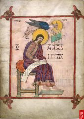 #55


Lidisfarne Gospels


St. Luke portrait page


Early Medieval Europe


(Hiberno Saxon)


700 C.E.


_____________________


Content: This portrait piece of St. Luke is a more straightforward than the carpet or incipit pages. This page shows S...