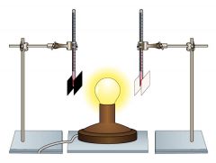 Figure 4.1.17 shows the experimental set-up for a radiation experiment. The same sized black and white cardboard squares are attached to two thermometers close to an incandescent globe. Propose what the student performing the experiment is trying ...