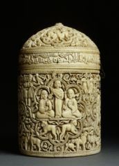 #57


Pyxis of al-Mughira


Umayyad


968 C.E.


_____________________


Content: This is an elaborately carved ivory container that depicts many figural, animalistic, and intertwining patterns. 


___________________


Style: The scenes carved o...