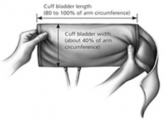Cuff width (40-60% are circumference)
Bladder length (80-100% arm circumference)