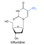 -analog of thymidine
-converted to monophosphate, inhibits thymidyalte synthase
-converted to triphosphate, inhibits thymidine incorporation
-not absorbed orally
-topical