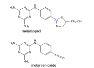 -melarsoprol = prodrug
-melarsen oxide = active form
-thiol groups
-toxic to parasite and human