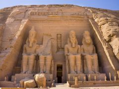 Formal Analysis: Temple of Ramses II, Abu Simbel, Egypt / New Kingdom, 1,225 BCE, rock cut temple
 
Content:
-the human statues are over 60 feet tall--massive
-inside the tomb there are series of columns of Ramses II and Osiris, 32 feet tall
 
Sty...