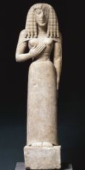 Formal Analysis: Lady of Auxerre Kore, Archaic Greek, 650 BCE, limestone
 
Content:
-human figure
-simple pose
-limestone
-2 1/2 feet tall
-depicting a goddess or person of importance
-Kore--greek for young woman
-smile (characteristic of archaic ...