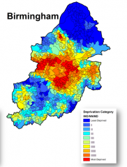 Referring to this map, describe where deprivation is at its highest and explain why it occurs in these places