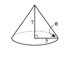 The radius of the base of the right circular cone shownbelow is 5 inches, and the height of the cone is7 inches. Solving which of the following equationsgives the measure, θ, of the angle formed by a slantheight of the cone and a radius?									...