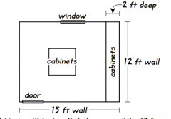 Gianna is converting a 
12-foot-by-15-foot room in her
house to a craft room. Gianna will install tile herself but
will have CC Installations build and install the cabinets.
The scale drawing shown below displays the location of the
cabinets ...
