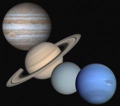 What are the 4 outer planets called? What are they made of? What are their names in order? Which one is biggest? Which one has the rings? Which one is Blue?