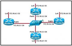 Refer to the exhibit. RouterA, RouterB, and RouterC in the diagram are running OSPF on their Ethernet interfaces. Router D was just added to the network. Routers are configured with the loopback interfaces (Lo 0) that are shown in the exhibit. What happen