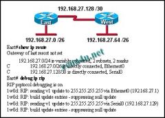 Refer to the exhibit. Routers East and West are configured using RIPv1. Both routers are sending updates about their directly connected routes. The East router can ping the West router serial interface and West can ping the serial interface of East. Howev