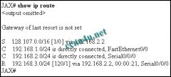 Refer to the exhibit. A packet destined for host 128.107.0.5/16 is processed by the JAX router. After finding the static route in the routing table that matches the destination network for this packet, what does the router do next?

a. searches for a de
