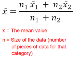 Mode :- the most common value that occurs
Median :- the middle number when put in order
Mean :- add all up & divide by how much there are.
------------------------------------------
 
 
When calculating  combined means, use the equation;