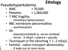 Pseudohyperkalemia is caused by cells rupturing or leaking potassium after a blood sample's been drawn.  It can be induced by a number of conditions: