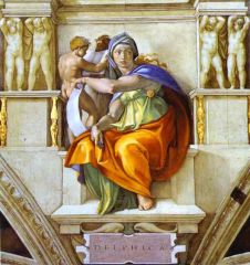 #75 


Delphic Sybil 


in Sistine Chapel 


_____________________


Content: This is a sectional fresco showing a finely robed woman, sitting on the steps of what looks like an altar, holding a scroll and looking off to the right. Behind her a...
