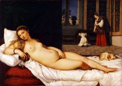 #80


Venus of Urbino 


Titian 


1538 C.E.


_____________________


Content: This was one of the first pieces painted with oil on canvas. The subject shows a reclining, female nude lying on a couch covered with pillows and cloths. The nude wo...