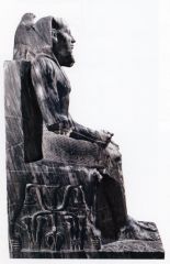 Idealized in proportion, made of diorite (stone, expensive, not painted). not an exact image of the king, an expression of his power.