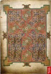 Latin cross (T) not Greek cross (+). Each gospel has carpet page (looks like carpet). Intricate pattern (animal motifs)