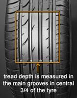 A safe tyre will have no cuts or bulges. The tread depth should be at least 1.6mm across the central 3/4s of the breadth of the tyre and around the entire outer circumference.