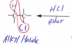 HCl is added to a alkene to break the double bond and a H is bonded to one carbon and a cl is bonded to the other in trans