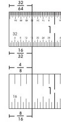 The two rulers have marking for eighths, sixteenths, thirty-seconds, and sixty-fourths. The
vertical line shows that the fractions 4 ⁄ 8, 8 ⁄ 16, 16 ⁄ 32, and 32 ⁄ 64 all represent the same length on the rulers.