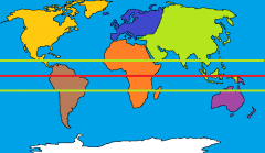 What lines of latitude are marked with green and lie to the north and south of the Equator?