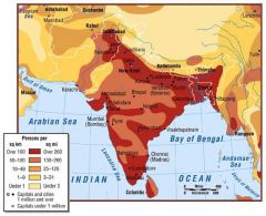 In major river plains (Indus, Ganges, Brahmaputra) and coastal lowlands. Heavy rural population densities. Low urbanisation (India 25%, others less)