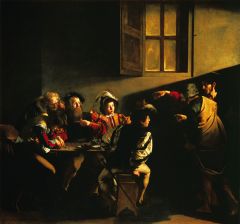 #85


Calling of Saint Matthew


Caravaggio 


1597 - 1601 C.E.


_____________________


Content: This shows a group of people sitting around a table in a relatively private, indoor setting. The figure entering on the right is Jesus (with a fai...
