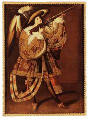 #90


Angel with Arquebus, Asiel Timor Dei


Master of Calamarca (Le Paz School)


17th Century C.E.


___________________


Content: This shows an angel dressed in the royal attire of the Spanish Royalty (with a large hat and more South American ...