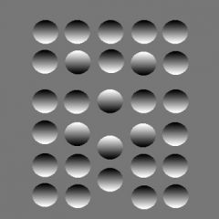 It uses darkening or lighting to create an illusion of space.  In this example, a flat picture appears to have three-dimensional circles, some being recessed and others being raised.
