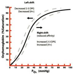 A left shift is favored by increase in pH, decrease in H+, and a decrease in 2,3-BPG. 

A right shift is favored by a decrease in pH, increase in H+, and an increase in 2,3-BPG. 
