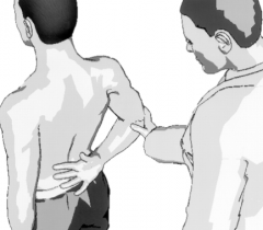Liftoff test: patient places hand behind back and lifts hand off back w/ examiner resisting