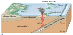 
when two oceanic plates converge, one plate subducts, volcanic island arcs form