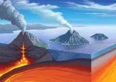 
form on oceanic/oceanic convergence, magma pushed up by subducting 
plate/water (volatiles) trapped in subducting plate cause melting