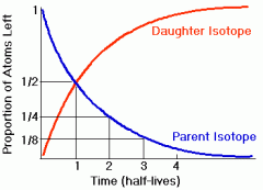 
parent isotope/element decays into daughter element/isotope at a specific rate