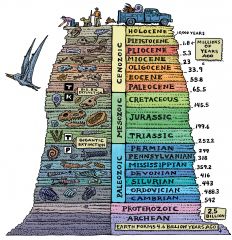 major periods of geologic history, oldest to youngest:  Precambrian, Paleozoic, Mesozoic, and Cenozoic, divided by major events instead of certain dates