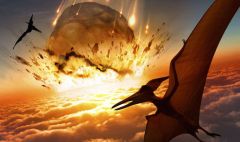 end of Mesozoic Era, 10km wide asteroid hits, 70% marine life dies, birds only dino survivors