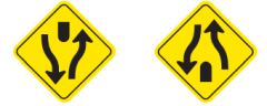 These two signs are providing information for travellers where the highway may divide.  What does each sign mean?