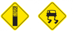Which sign means the road is slippery when wet?