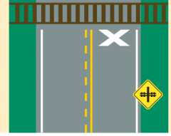 You are on a rural highway and see the white x on the road and a yellow sign.  What does this mean?
