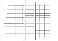 Urban development pattern conceived at the junction of two roads and is expanded in the same pattern of two sets of regularly spaced parallel lines.

Usually characteristic of smaller cities

Example: Philadelphia