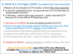 • Maybe 4% reduction at best 

•	CCTV not efficient in dealing with crime 

•	No real assessment in UK of impact, large sums spent merely because of public demand 

•	Norwegian police rejected CCTV because of lack of evidence of efficacy, ...