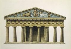 Formal Analysis: Temple of Artemis at Corfu, Archaic Greek, 600 BCE, marble
 
Content:
-in ruins 
-majority of what is left is the pediment
-first temple that has style of Greek temples
-on island of Korfu
-pediments have scenes on them--depicting...